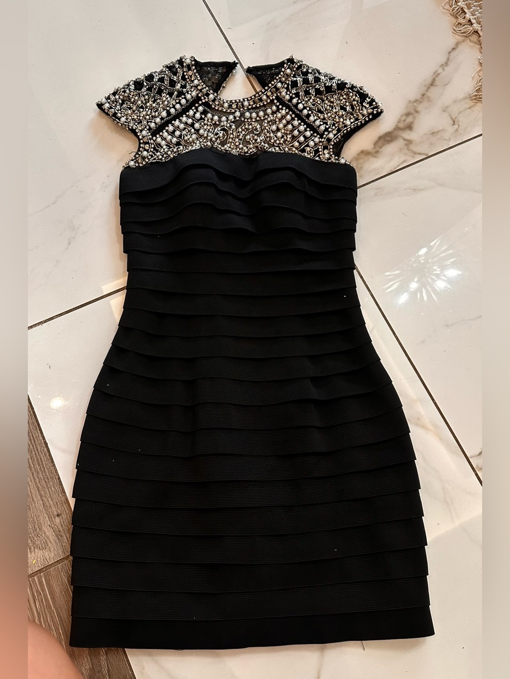 SHERRI HILL 00 Embellished Black Bandage Dress with Jeweled Yoke